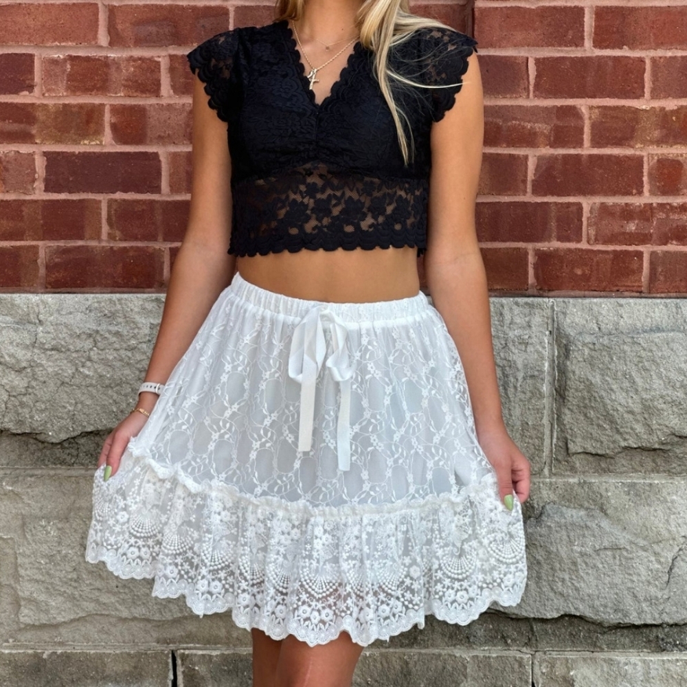 White Floral Lace Ruffle Skirt